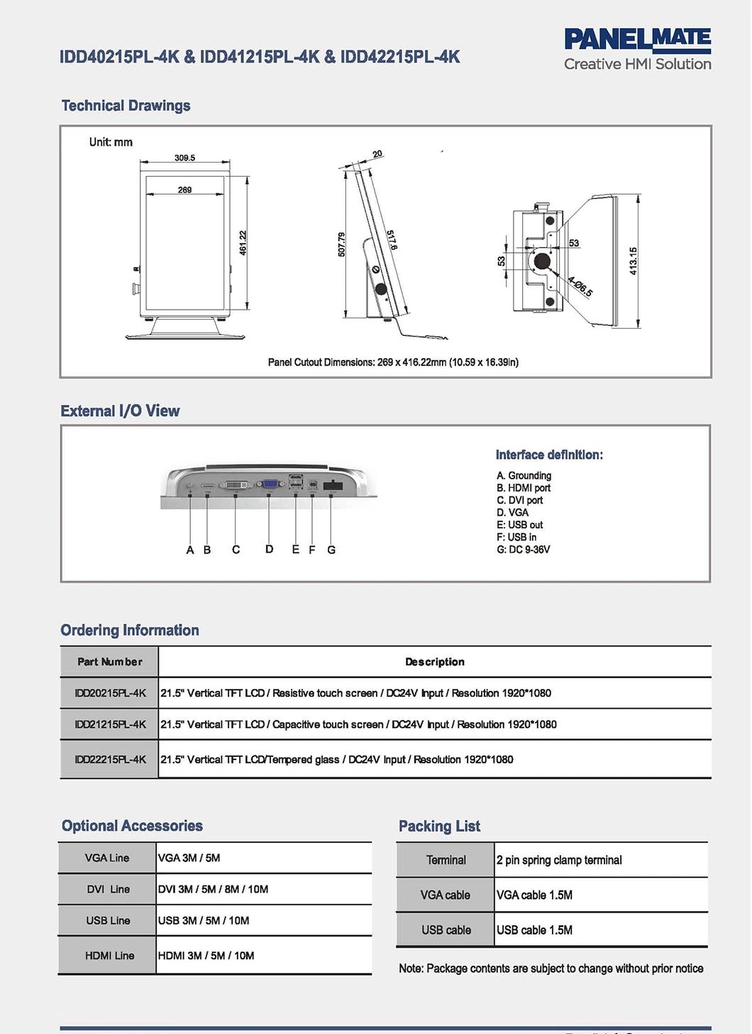 21.5 Inch Vertical HMI Support Arm System Operation Panel Industrial Display Capacitive Touch Monitor Full HD TFT 1920X1080 Resolution Waterproof and Dustproof